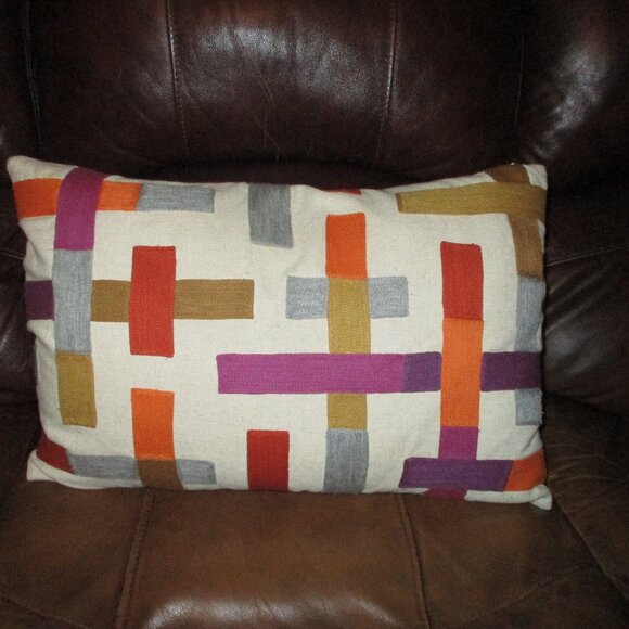 Crate & Barrel Geometric Embroidered Pillow Cover Fall colors  Madison - Picture 1 of 4